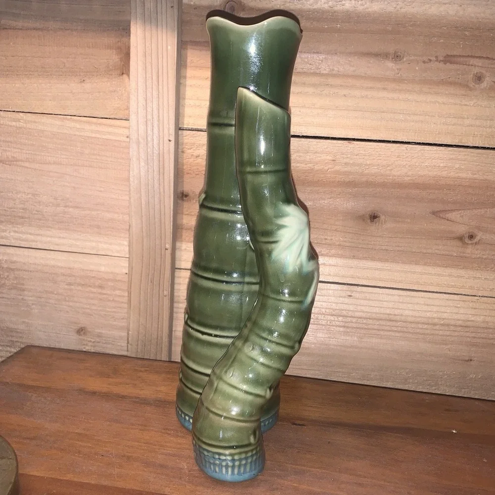 Vintage Majolica Vase Green Double Bamboo Stalks Planter Tiki Asian‎ Ceramic EUC
